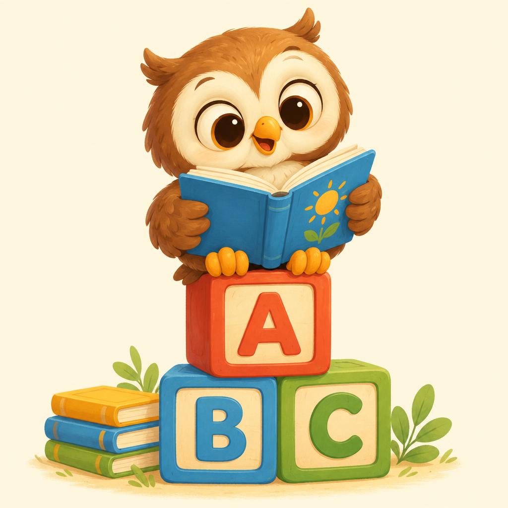 Friendly owl reading on alphabet blocks